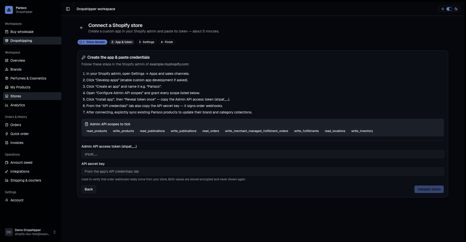 Стъпка от съветника с инструкции и изисквани Shopify scopes
