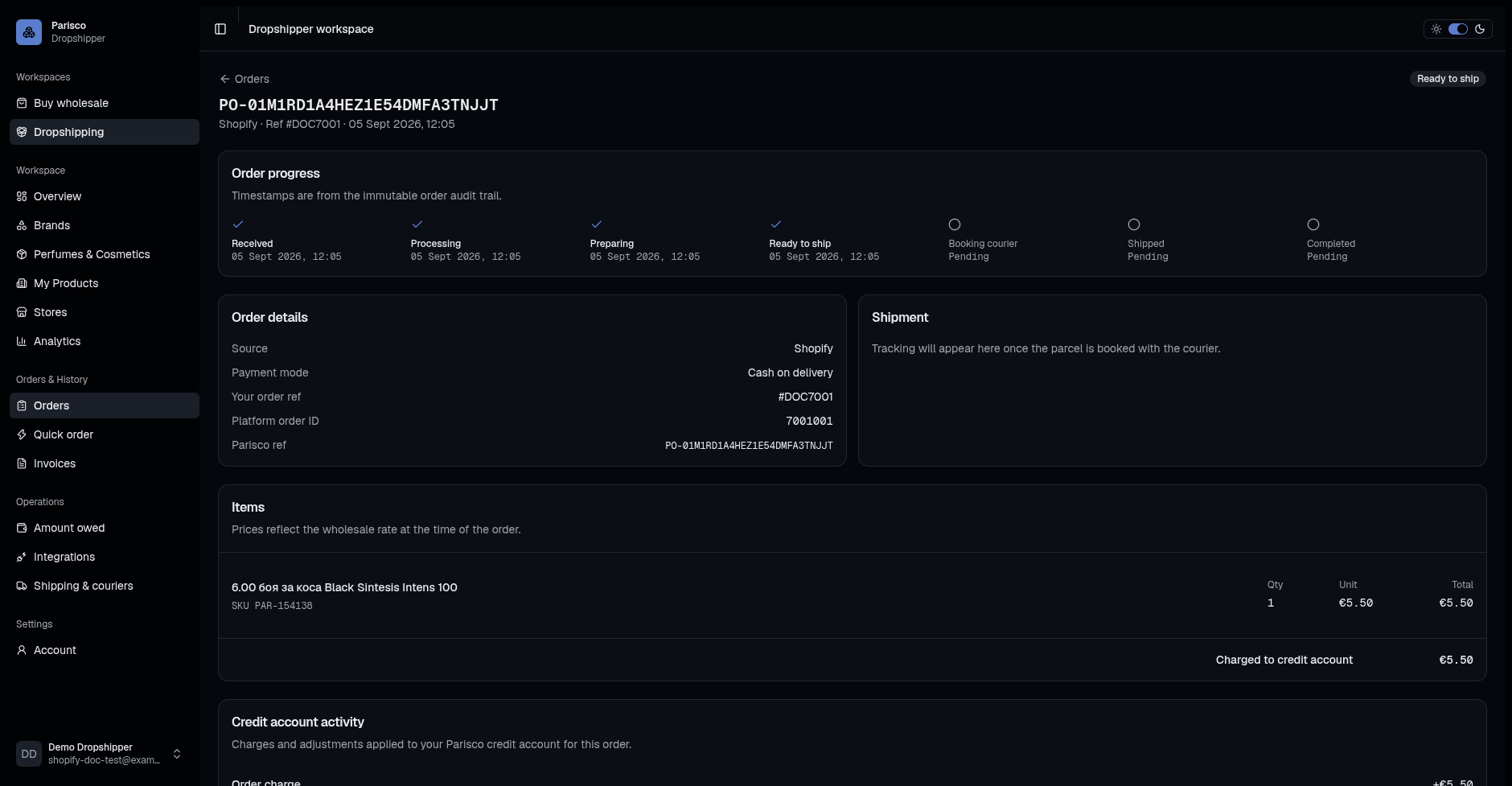 Поръчка от Shopify в Parisco с таймлайн на изпълнението
