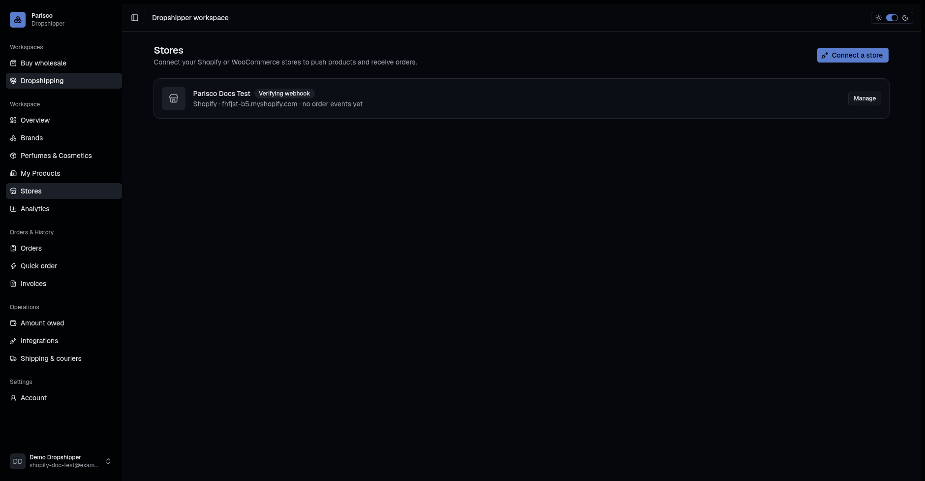 Новосвързан Shopify магазин със статус Verifying webhook